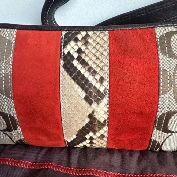 Coach Hampton Signature Jacquard Shoulder Bag Brown Red Suede Stripe Y2K Vintage - Picture 15 of 16